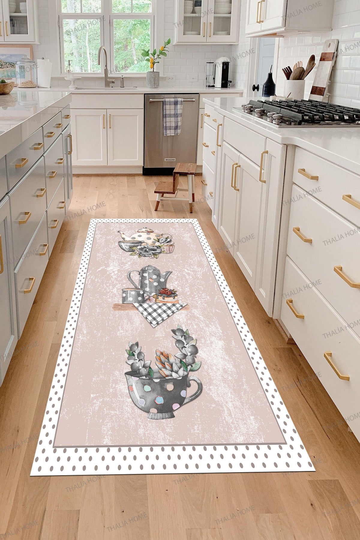 Fincan Pembe  Baskılı Kaymaz Taban Mutfak Halısı