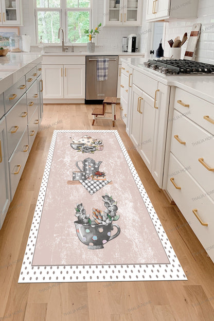 Fincan Pembe  Baskılı Kaymaz Taban Mutfak Halısı