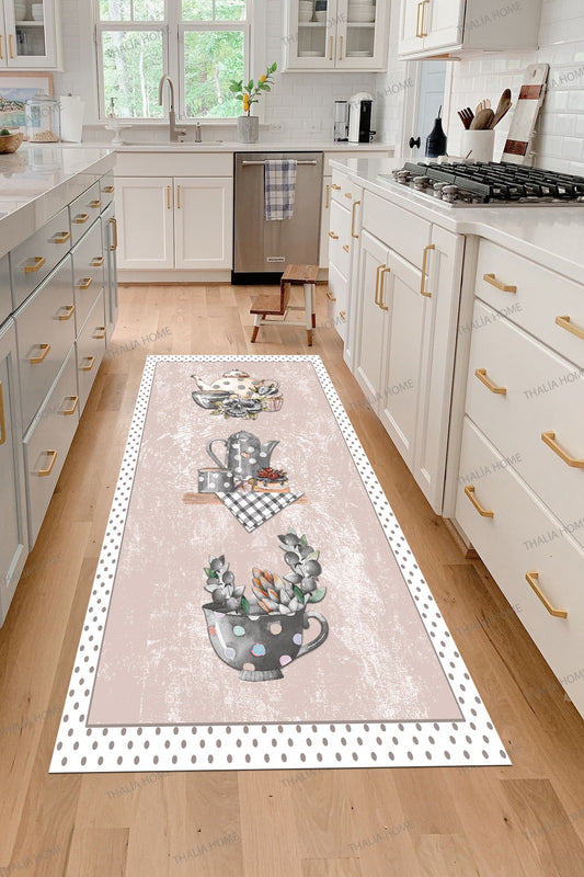 Fincan Pembe  Baskılı Kaymaz Taban Mutfak Halısı