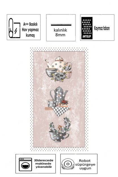 Fincan Pembe  Baskılı Kaymaz Taban Mutfak Halısı