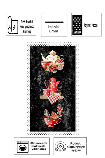 Fincan Siyah  Baskılı Kaymaz Taban Mutfak Halısı