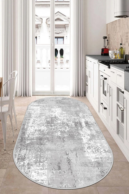 Eskitme Gri oval Yeni Nesil Baskılı Halı & Yolluk