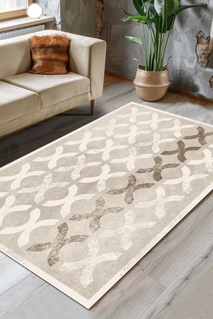 Güzel Bej Yeni Nesil Baskılı Halı & Yolluk