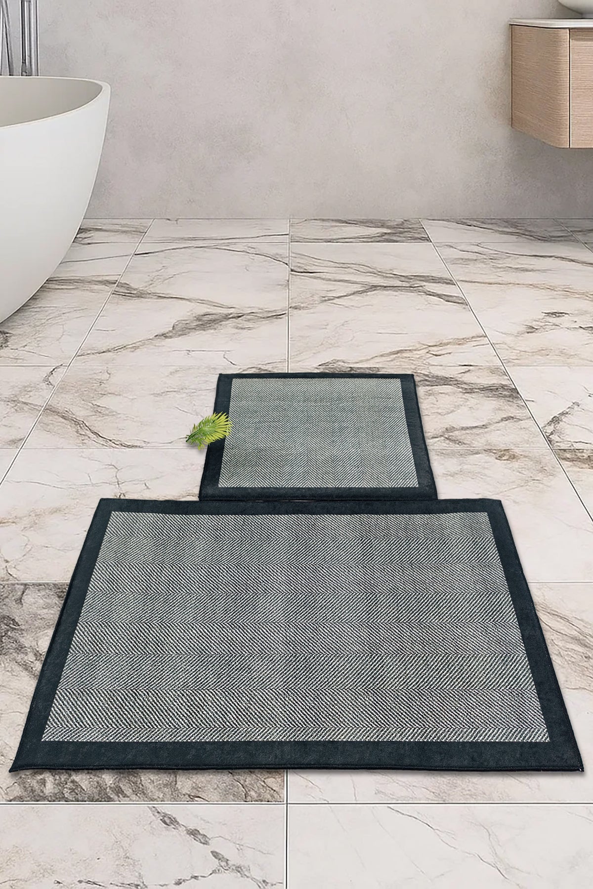 Kaymaz Taban Yıkanabilir 2'li Set Banyo Halısı Banyo Paspas Seti Klozet Takımı Siyah Bordür