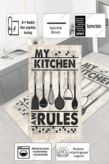 Kitchen Rules  Baskılı Kaymaz Taban Mutfak Halısı