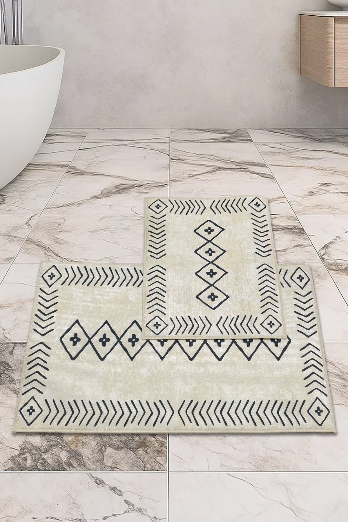 Kaymaz Taban Yıkanabilir 2'li Set Banyo Halısı Banyo Paspas Seti Klozet Takımı İskandinav Krem