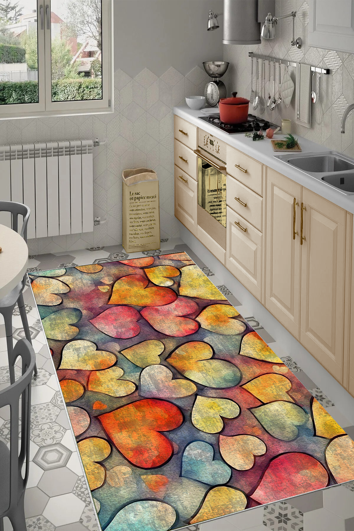 Renkli Kalp Baskılı Kaymaz Taban Mutfak Halısı