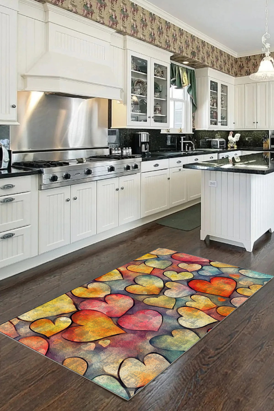 Renkli Kalp Baskılı Kaymaz Taban Mutfak Halısı