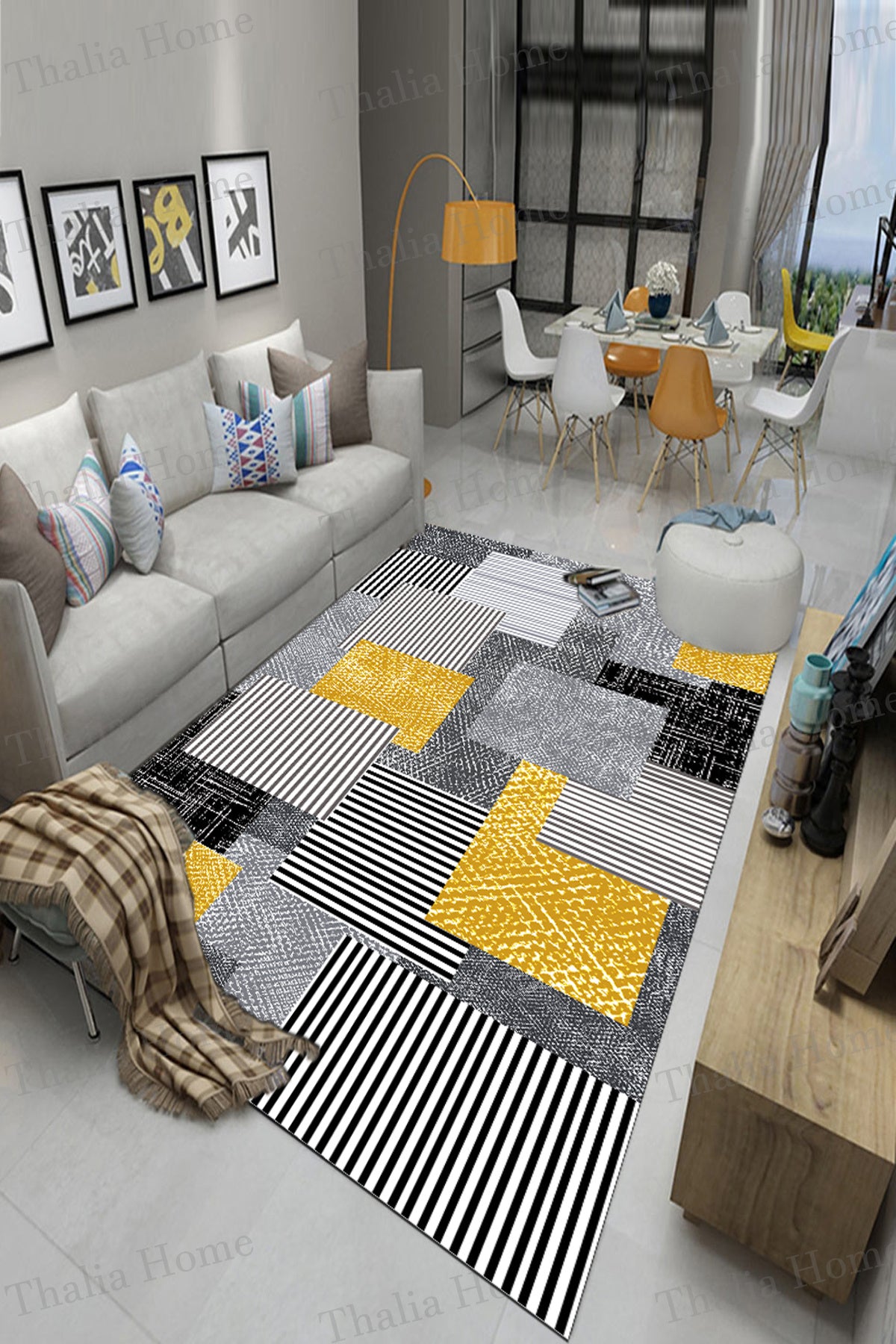 Kare Dizayn Gri Yeni Nesil Baskılı Halı & Yolluk