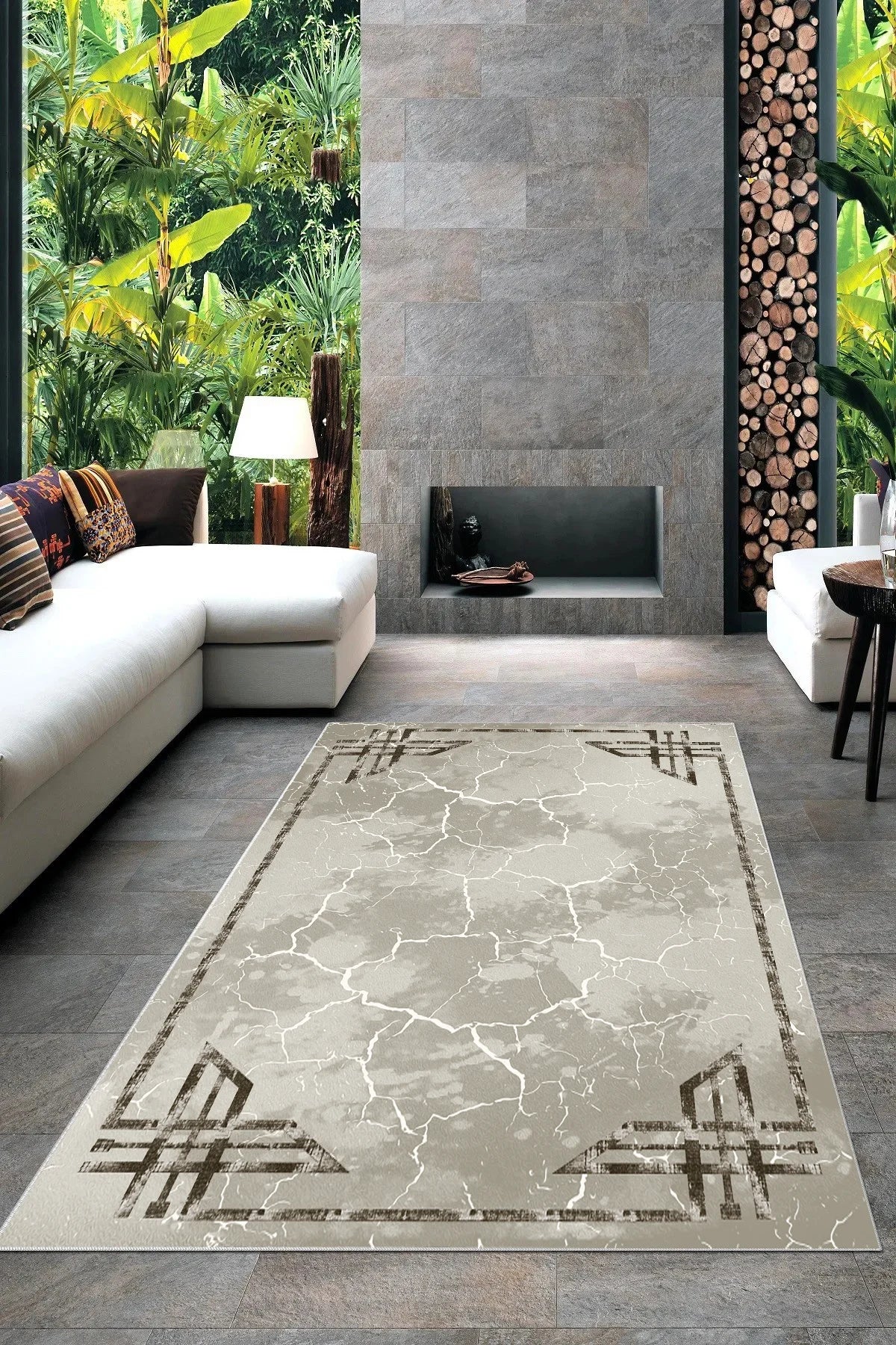 Kaymaz tabanlı Yeni Nesil Baskılı Halı & Yolluk Luxury Bej