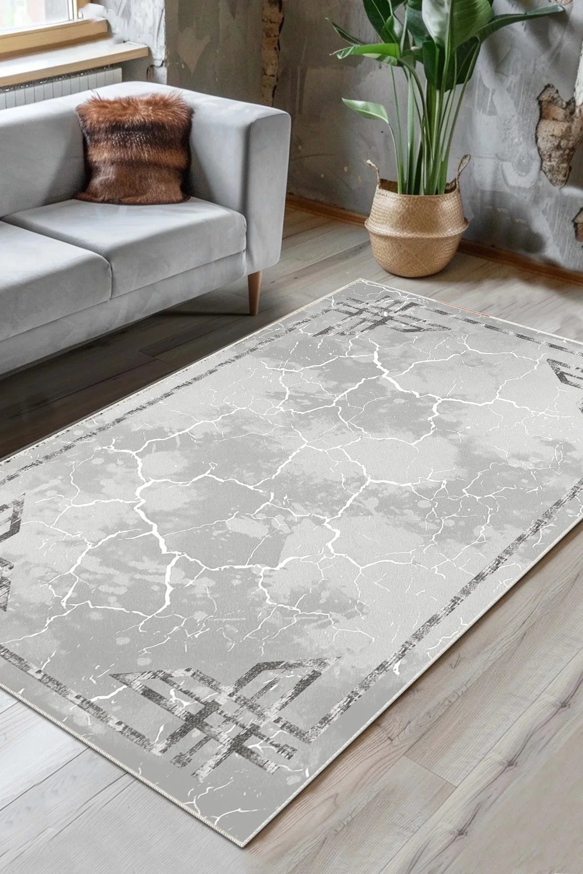 Kaymaz tabanlı Yeni Nesil Baskılı Halı & Yolluk Luxury Gri
