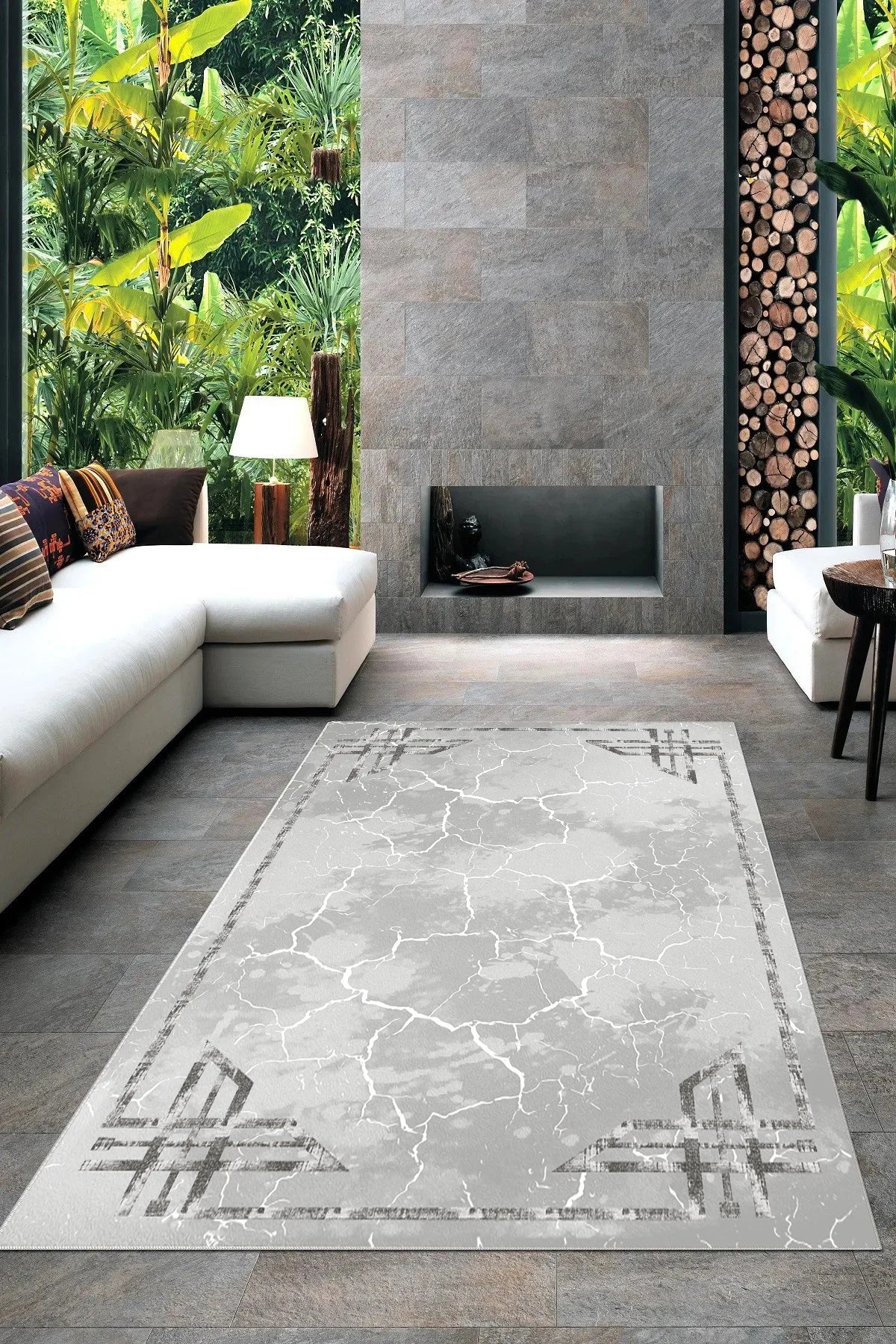 Kaymaz tabanlı Yeni Nesil Baskılı Halı & Yolluk Luxury Gri