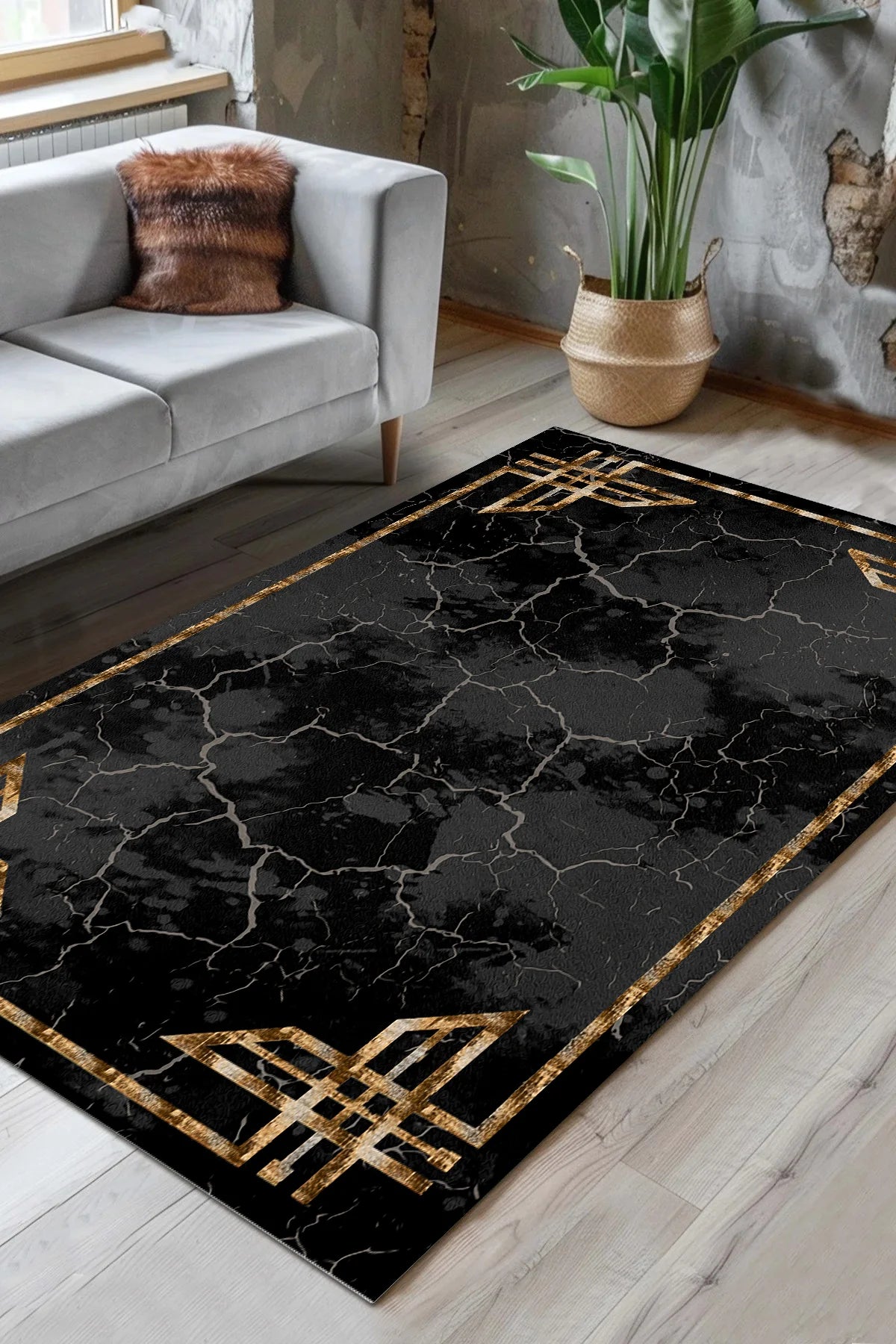 Kaymaz tabanlı Yeni Nesil Baskılı Halı & Yolluk Luxury Siyah