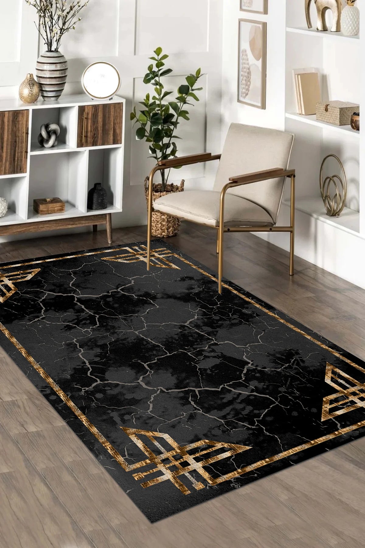 Kaymaz tabanlı Yeni Nesil Baskılı Halı & Yolluk Luxury Siyah