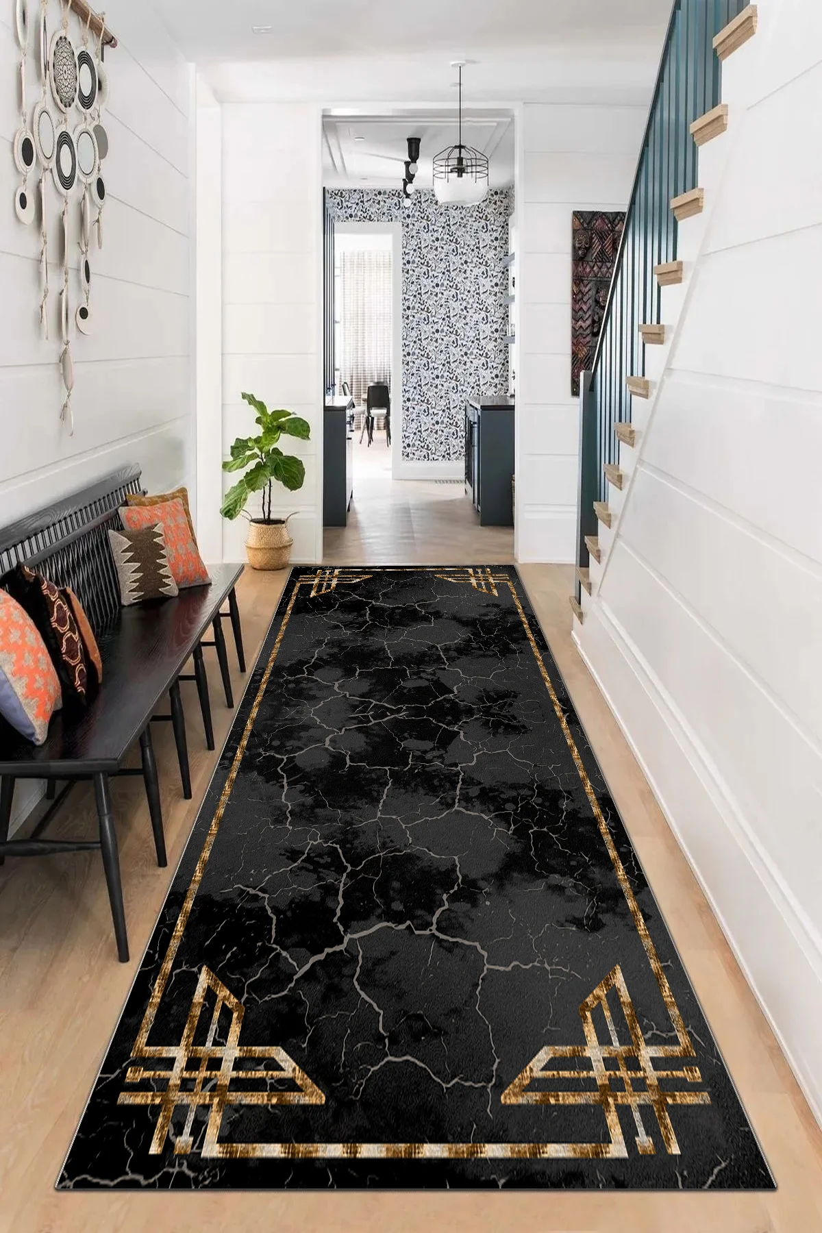 Kaymaz tabanlı Yeni Nesil Baskılı Halı & Yolluk Luxury Siyah