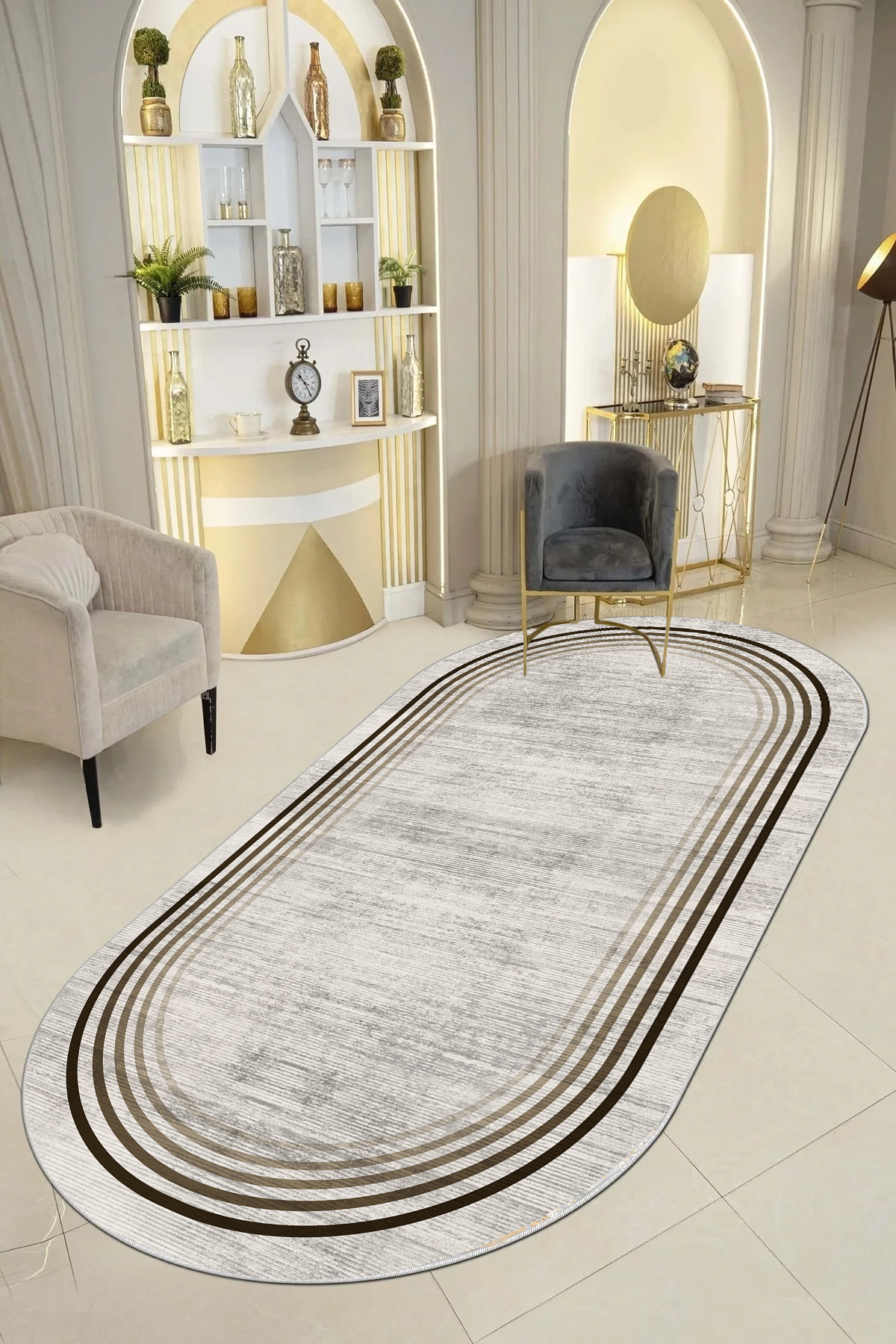 Aura Bej Oval Yeni Nesil Baskılı Halı & Yolluk