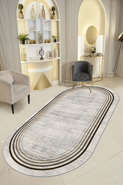 Aura Bej Oval Yeni Nesil Baskılı Halı & Yolluk