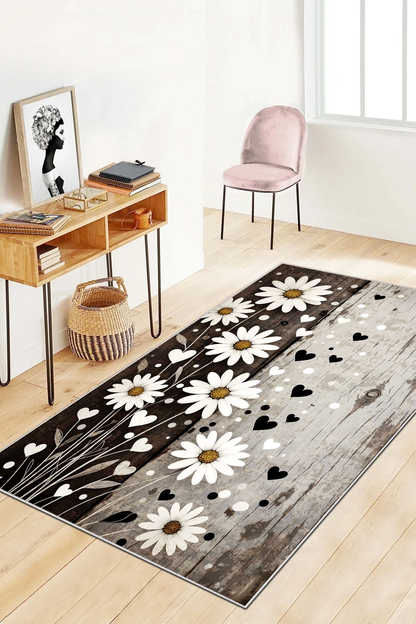 Papatya Kahve-Krem Baskılı Kaymaz Taban Mutfak Halısı