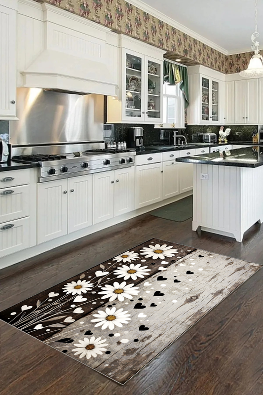 Papatya Kahve-Krem Baskılı Kaymaz Taban Mutfak Halısı