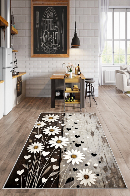 Papatya Kahve-Krem Baskılı Kaymaz Taban Mutfak Halısı