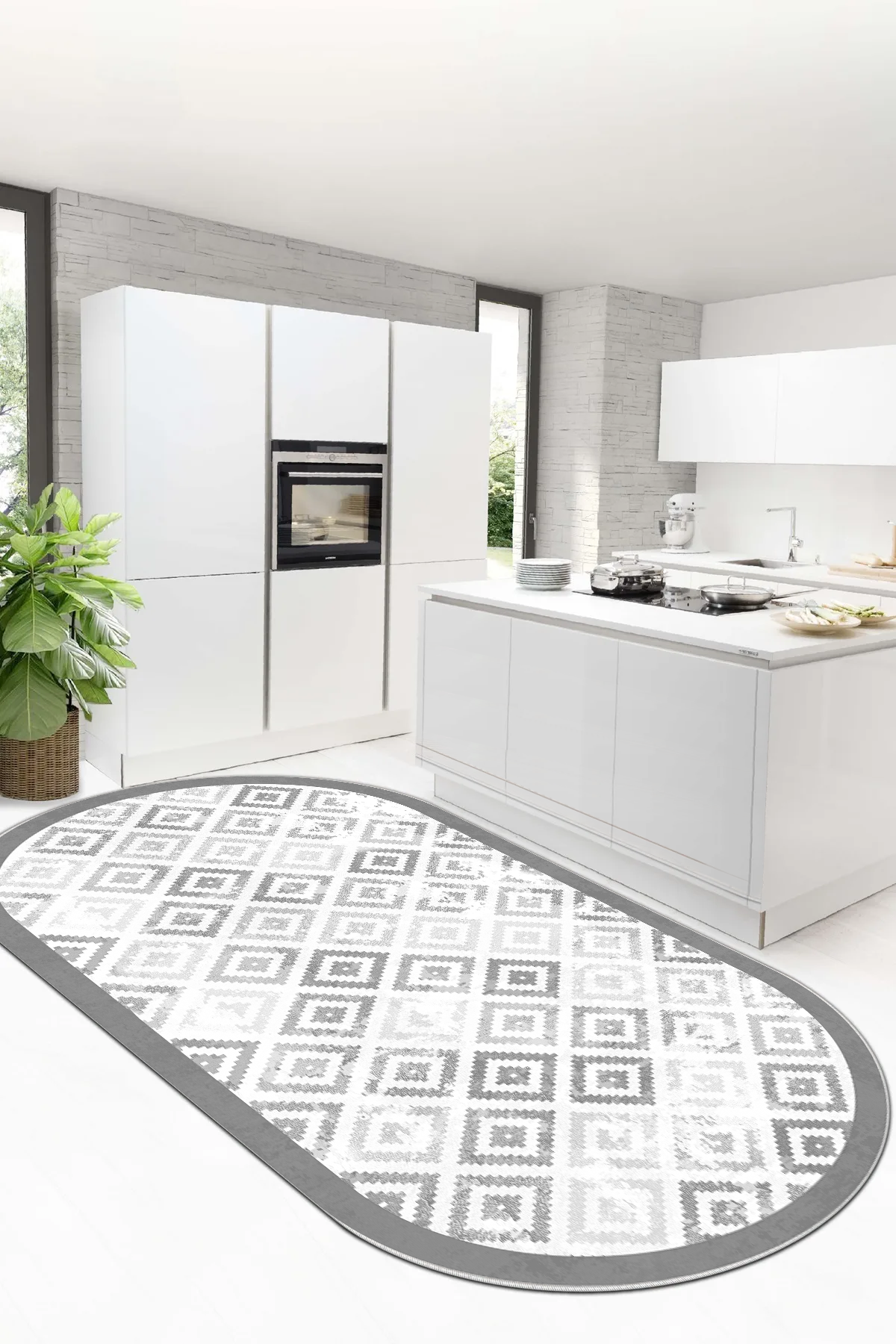 Petek Gri oval Yeni Nesil Baskılı Halı & Yolluk