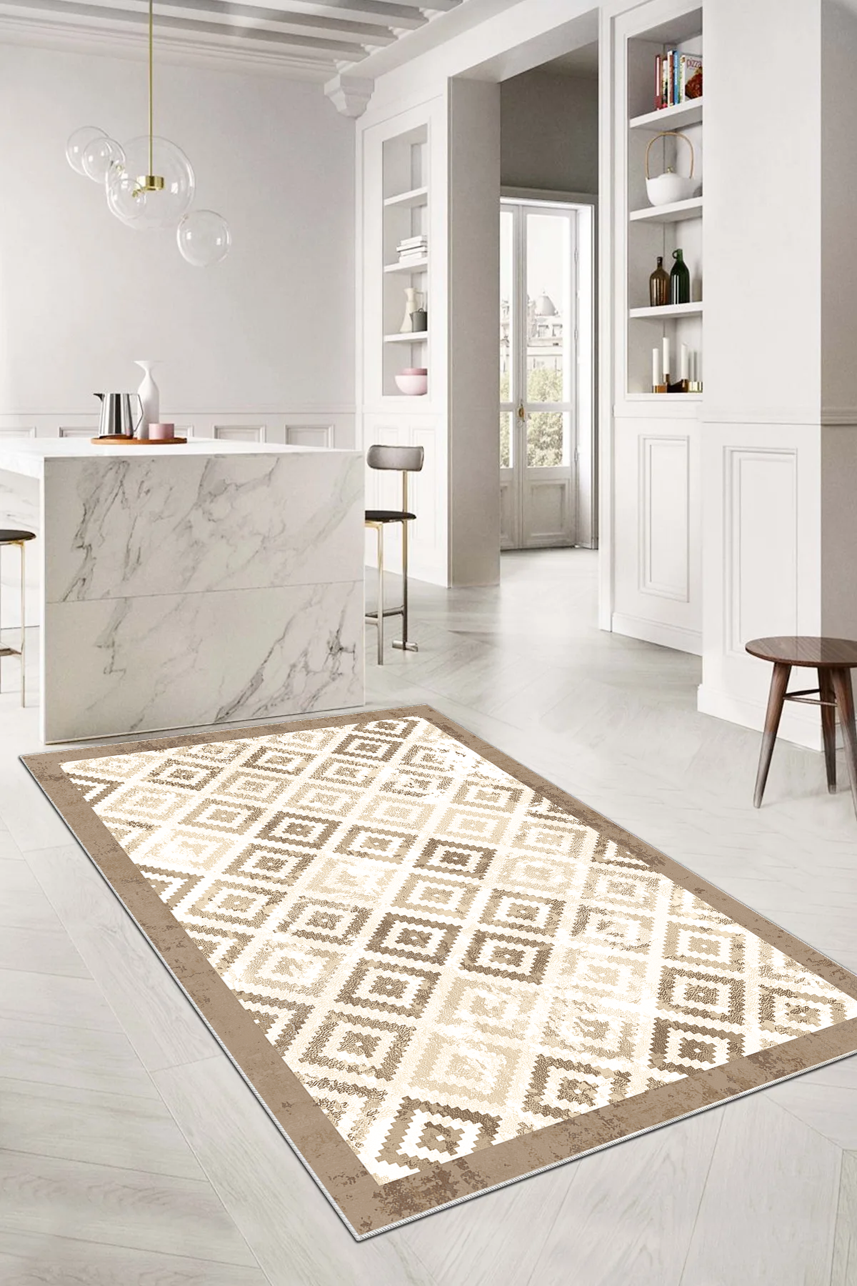 Petek Kahve Baskılı Kaymaz Taban Mutfak Halısı