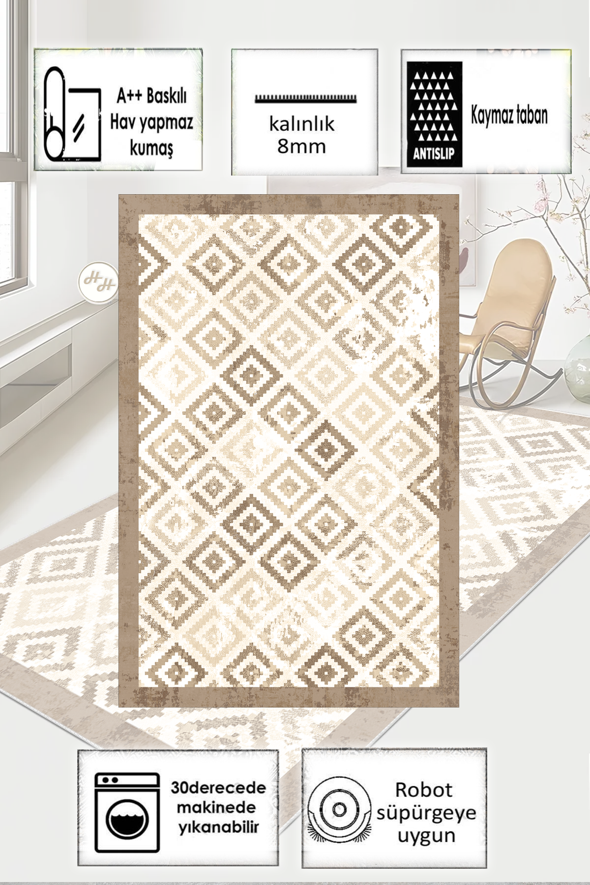 Petek Kahve Baskılı Kaymaz Taban Mutfak Halısı