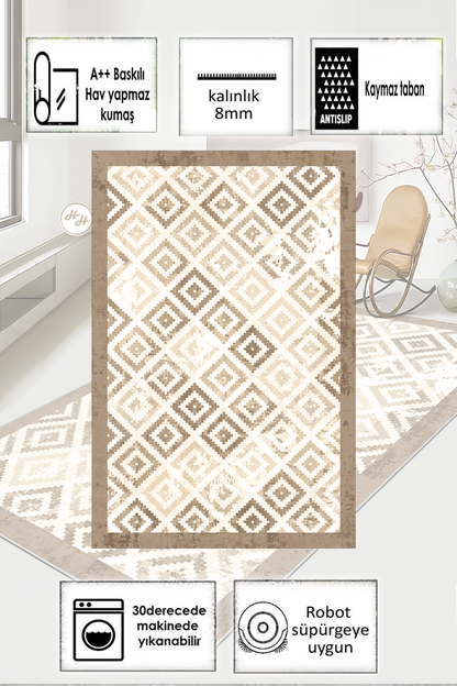 Petek Kahve Baskılı Kaymaz Taban Mutfak Halısı