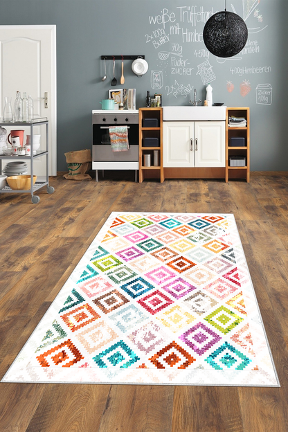 Petek Renkli Baskılı Kaymaz Taban Mutfak Halısı