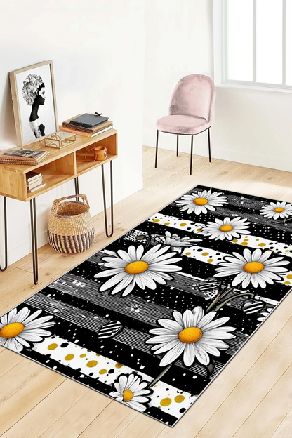 Papatya Siyah-Beyaz Baskılı Kaymaz Taban Mutfak Halısı