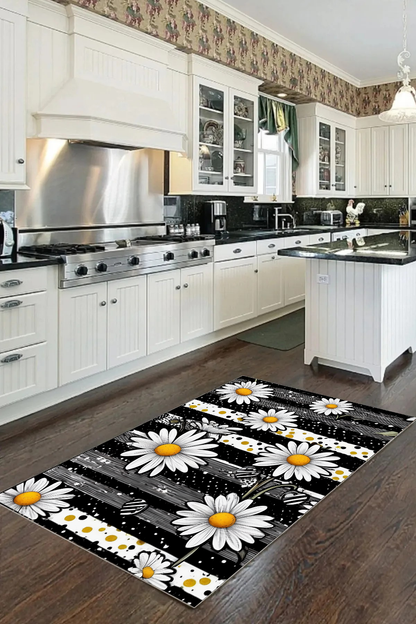 Papatya Siyah-Beyaz Baskılı Kaymaz Taban Mutfak Halısı