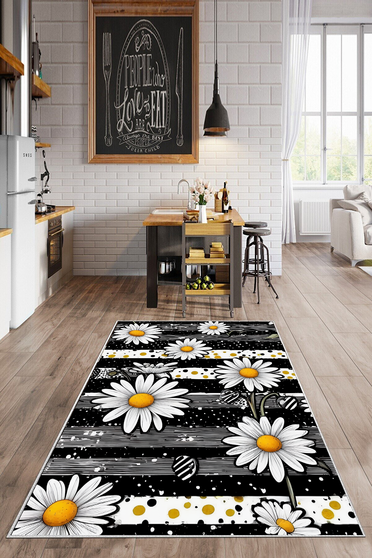 Papatya Siyah-Beyaz Baskılı Kaymaz Taban Mutfak Halısı