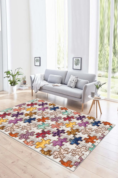 Puzzle Desen Baskılı Kaymaz Taban Mutfak Halısı