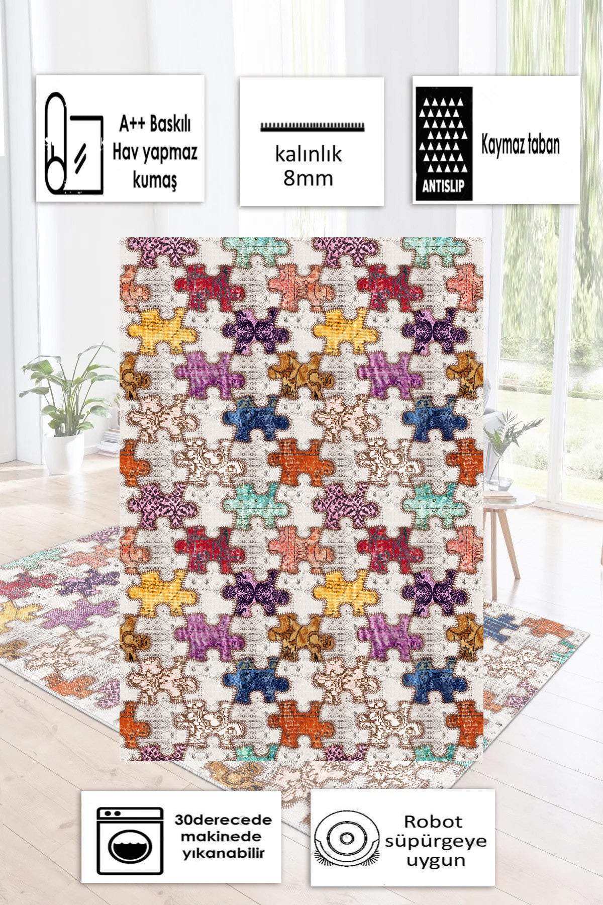 Puzzle Desen Baskılı Kaymaz Taban Mutfak Halısı