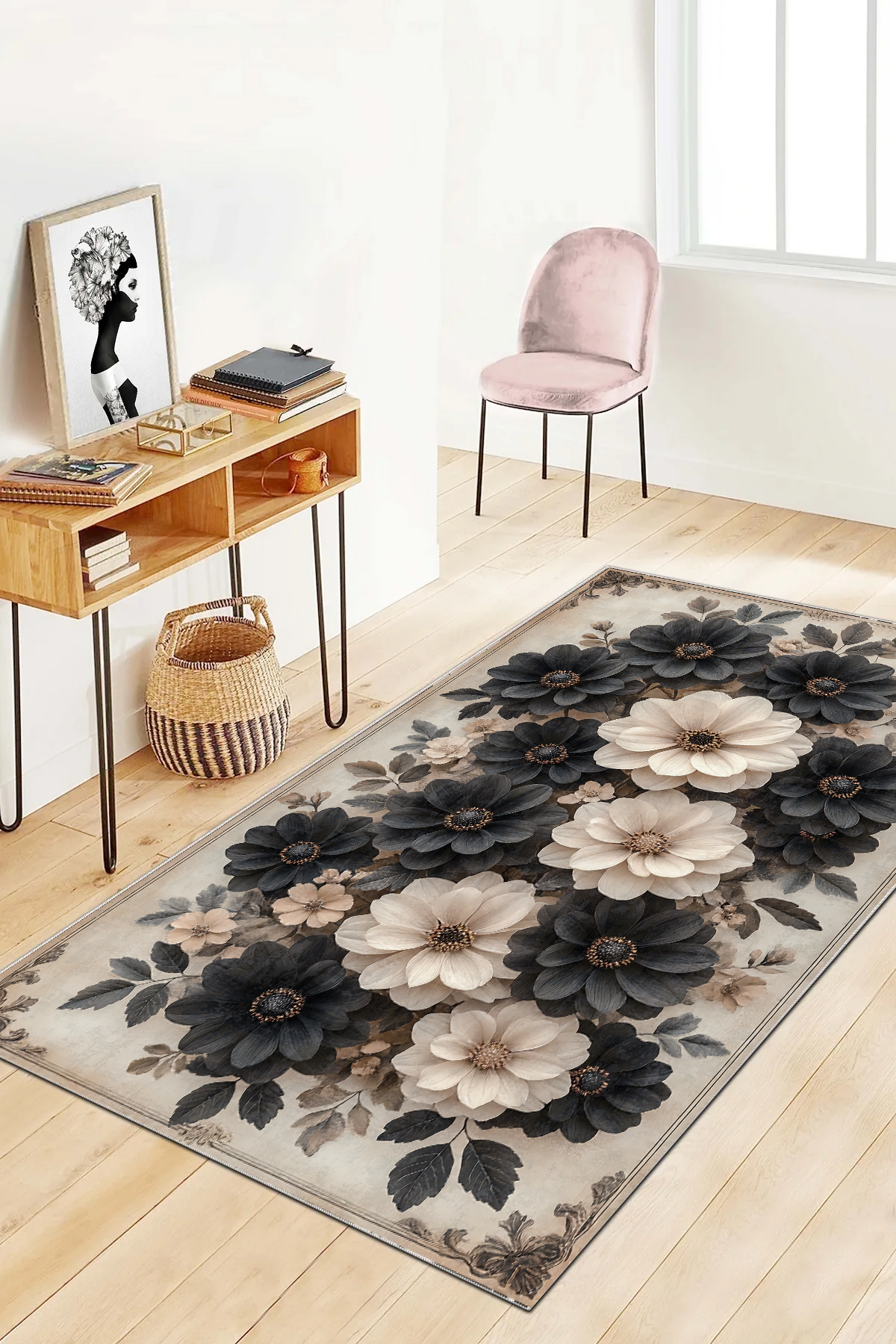 Çiçek Desenli Baskılı Kaymaz Taban Halı