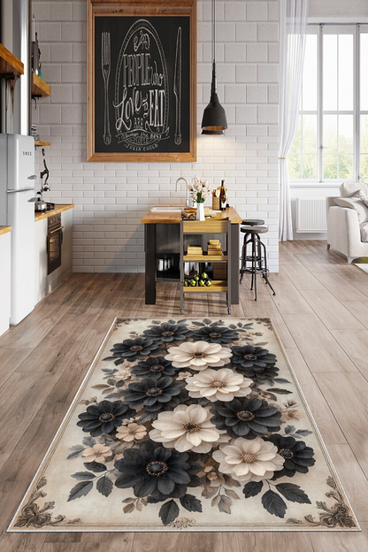 Çiçek Desenli Baskılı Kaymaz Taban Halı