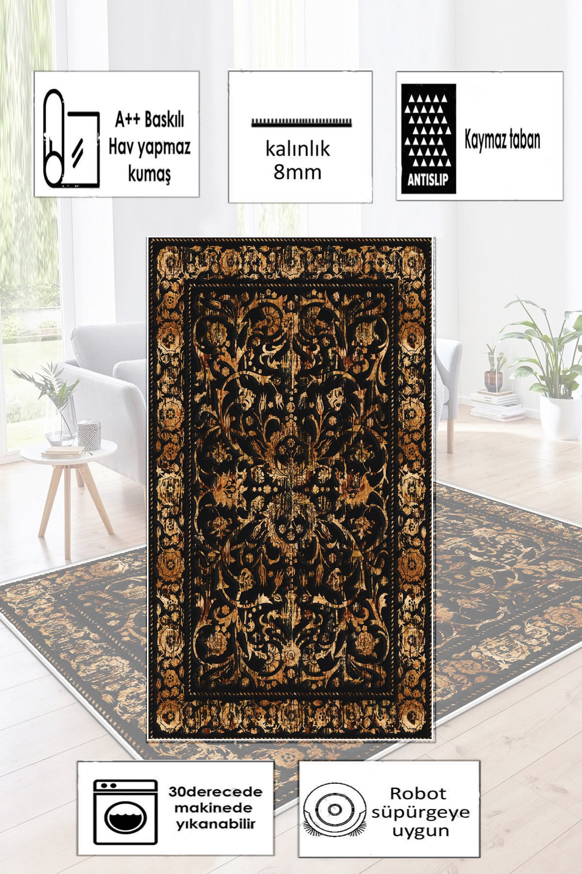 Sultan Siyah Yeni Nesil Baskılı Halı & Yolluk