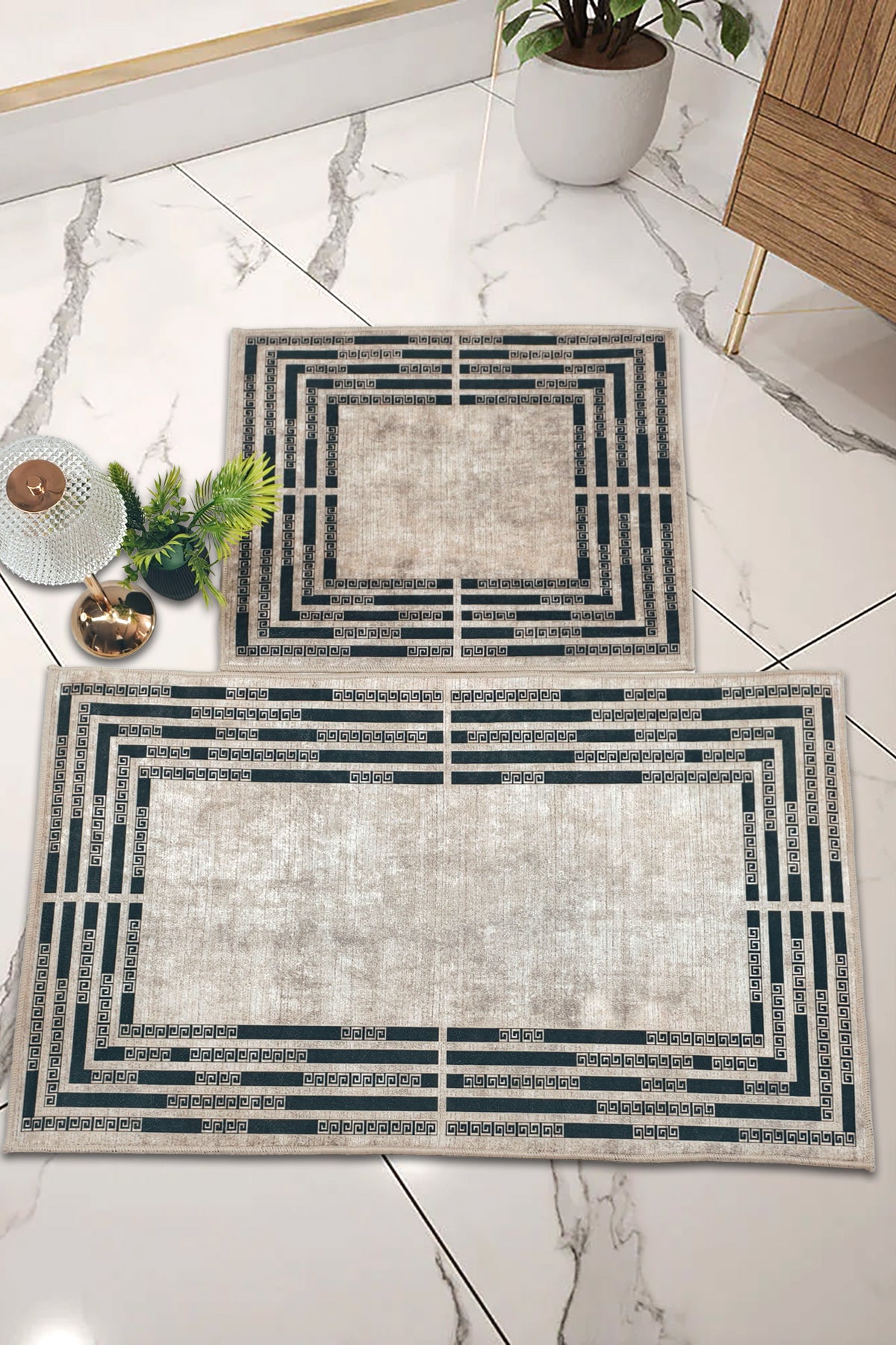 Kaymaz Taban Yıkanabilir 2'li Set Banyo Halısı Banyo Paspas Seti Klozet Takımı 015 Bej