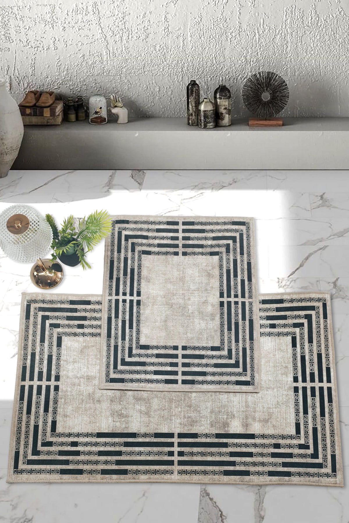 Kaymaz Taban Yıkanabilir 2'li Set Banyo Halısı Banyo Paspas Seti Klozet Takımı 015 Bej