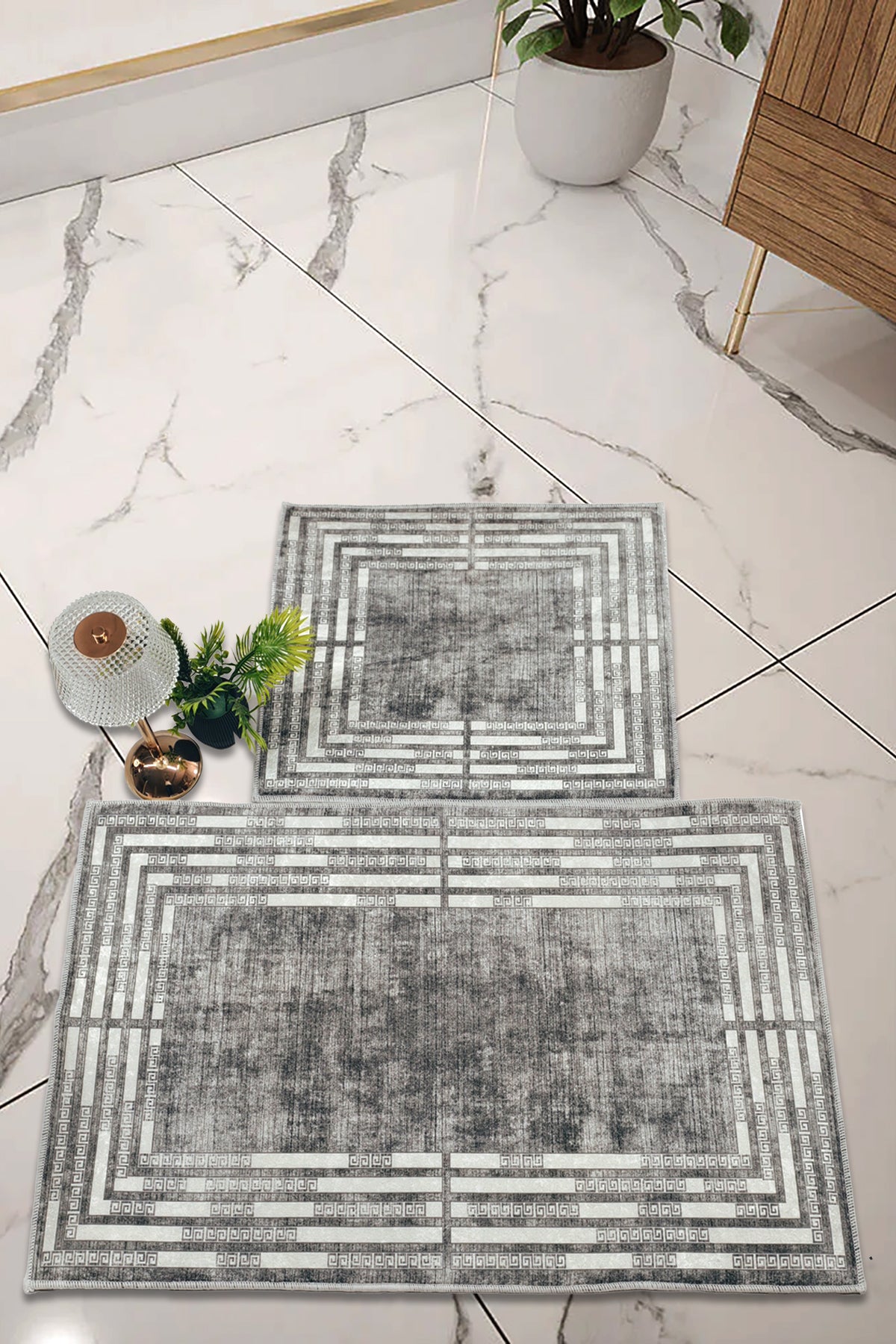 Kaymaz Taban Yıkanabilir 2'li Set Banyo Halısı Banyo Paspas Seti Klozet Takımı 015 Gri