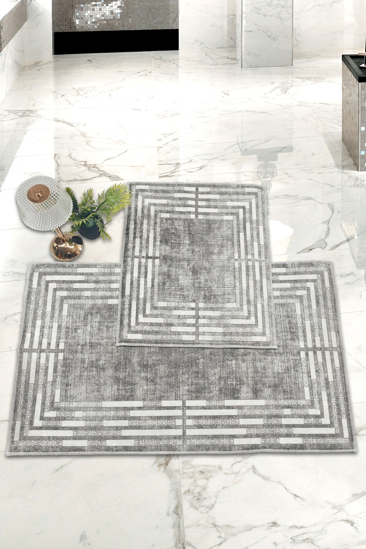 Kaymaz Taban Yıkanabilir 2'li Set Banyo Halısı Banyo Paspas Seti Klozet Takımı 015 Gri