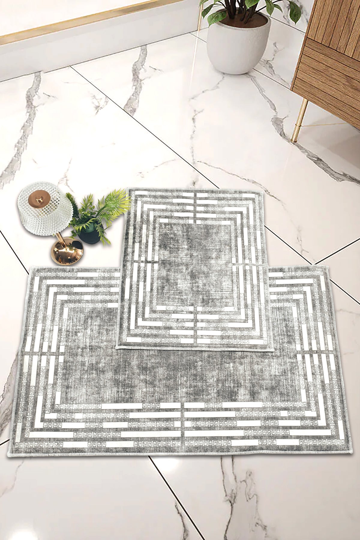Kaymaz Taban Yıkanabilir 2'li Set Banyo Halısı Banyo Paspas Seti Klozet Takımı 015 Gri