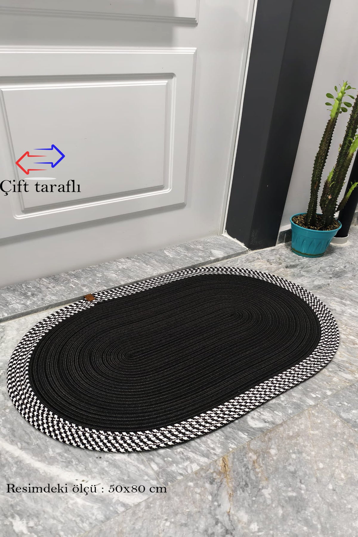 Jüt Hasır Kapı önü Paspas Siyah-Beyaz