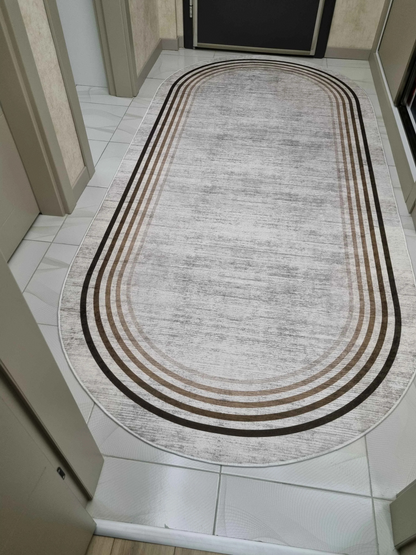 Aura Bej Oval Yeni Nesil Baskılı Halı & Yolluk