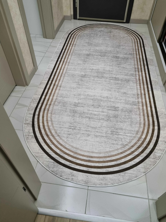 Aura Bej Oval Yeni Nesil Baskılı Halı & Yolluk