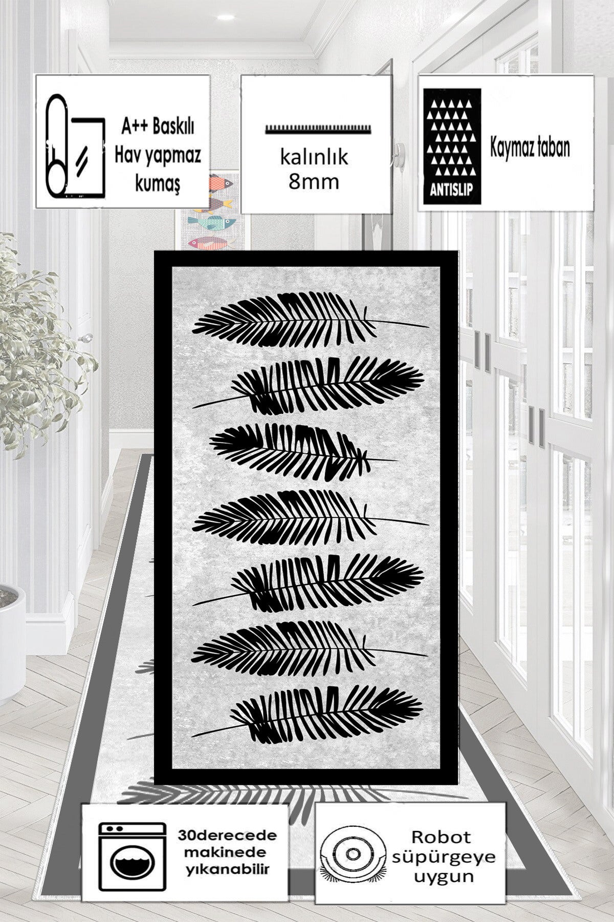 Yaprak Desen Baskılı Kaymaz Taban Mutfak Halısı