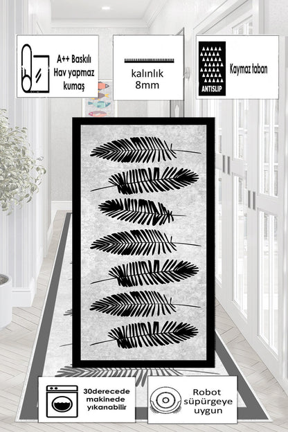 Yaprak Desen Baskılı Kaymaz Taban Mutfak Halısı