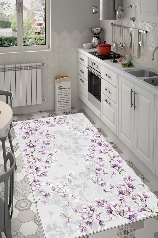 Zarif Lila Baskılı Kaymaz Taban Mutfak Halısı