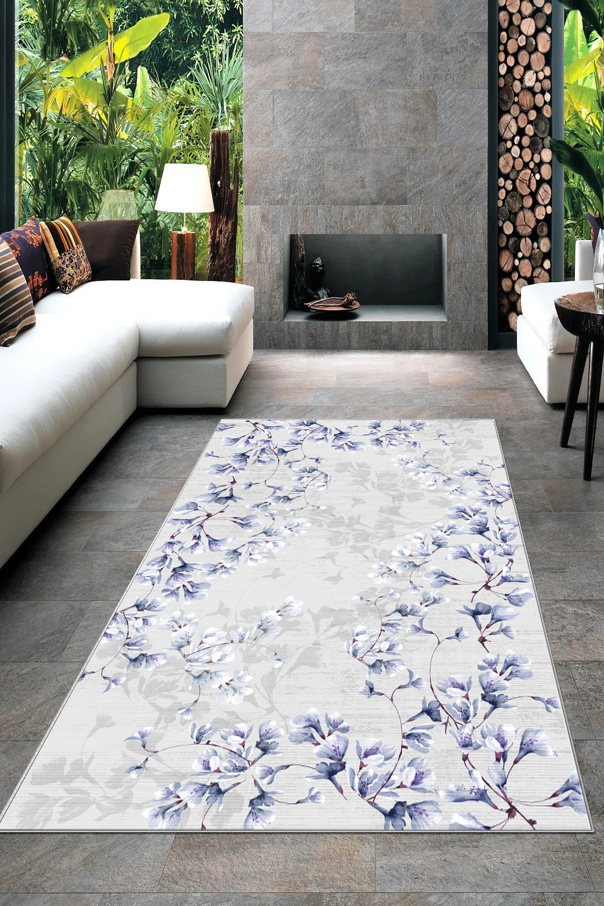 Zarif Mavi Yeni Nesil Baskılı Halı & Yolluk