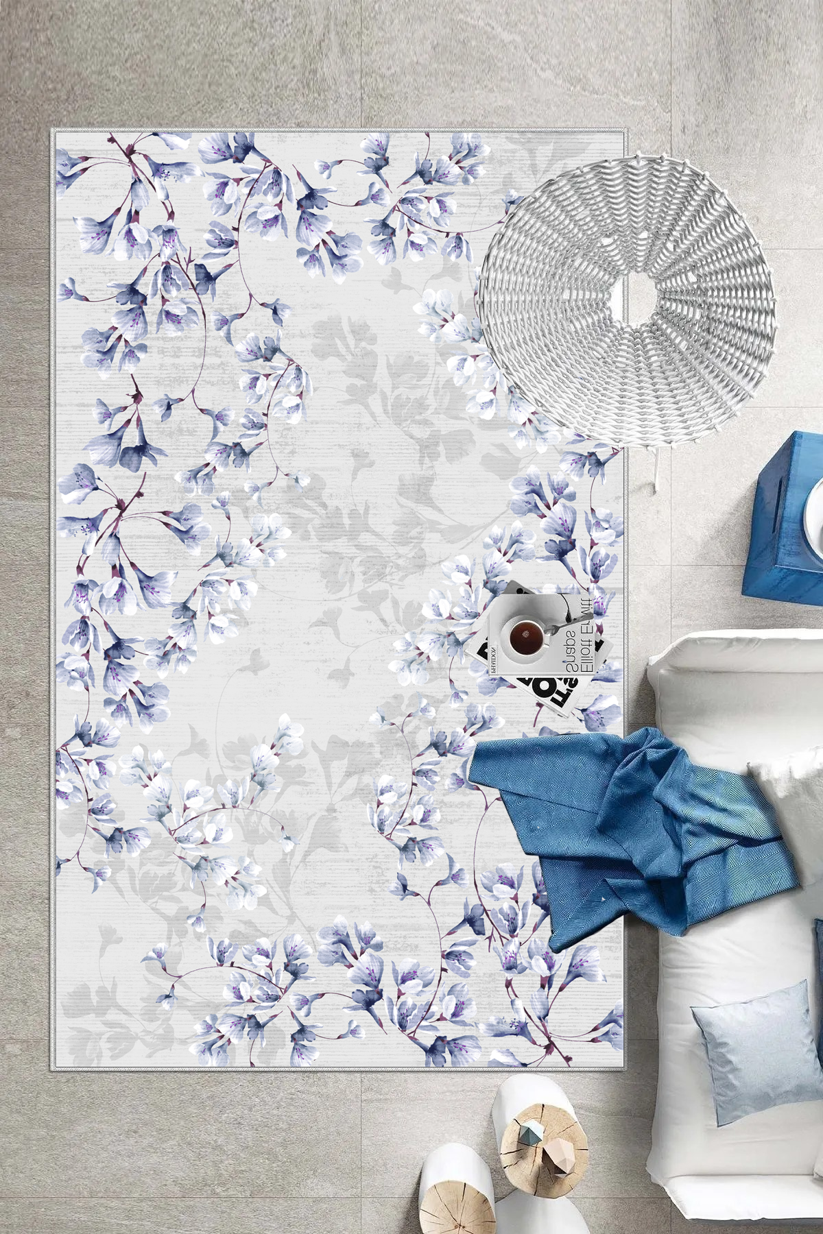 Zarif Mavi Yeni Nesil Baskılı Halı & Yolluk